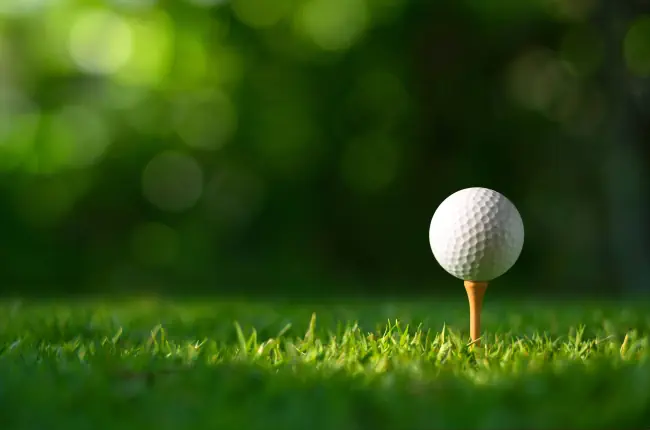 Nahaufnahme eines Golfballs auf Tee mit unscharfem grünem Bokeh-Hintergrund.