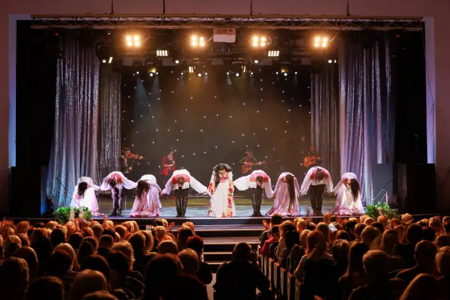 Ein Kollektiv von Musikern, Sängern und Tänzern in Zigeunerkostümen tritt auf der Bühne auf.