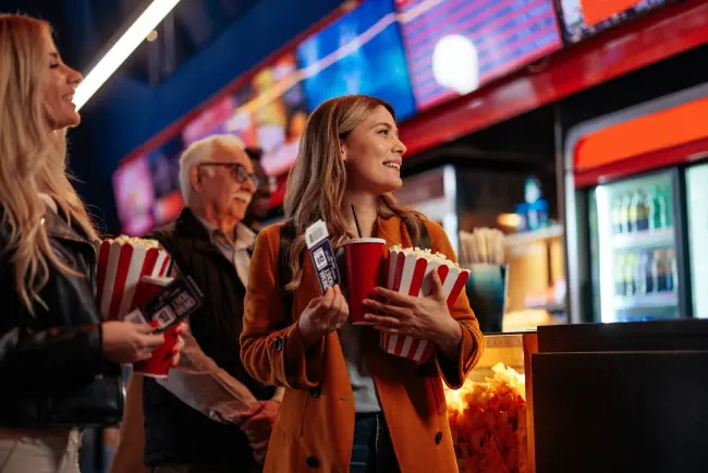 Eine Gruppe verschiedener Leute steht in einem Kino in der Schlange, um sich einen Film anzusehen. Sie halten ihre Tickets, Popcorn und Getränke in den Händen.